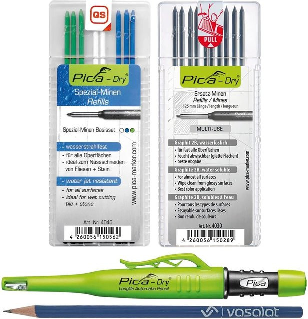 vasalat Pica Dry Marker-Set für Profis mit 10 Graphit Minen 2B und 8 Minen in Blau, Weiß und Grün - Bild 1