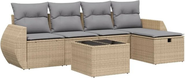 vidaXL 6-tlg Garten-Sofagarnitur in L-Form aus Poly Rattan und Metall mit Kissen in Beige und Grau - Bild 1
