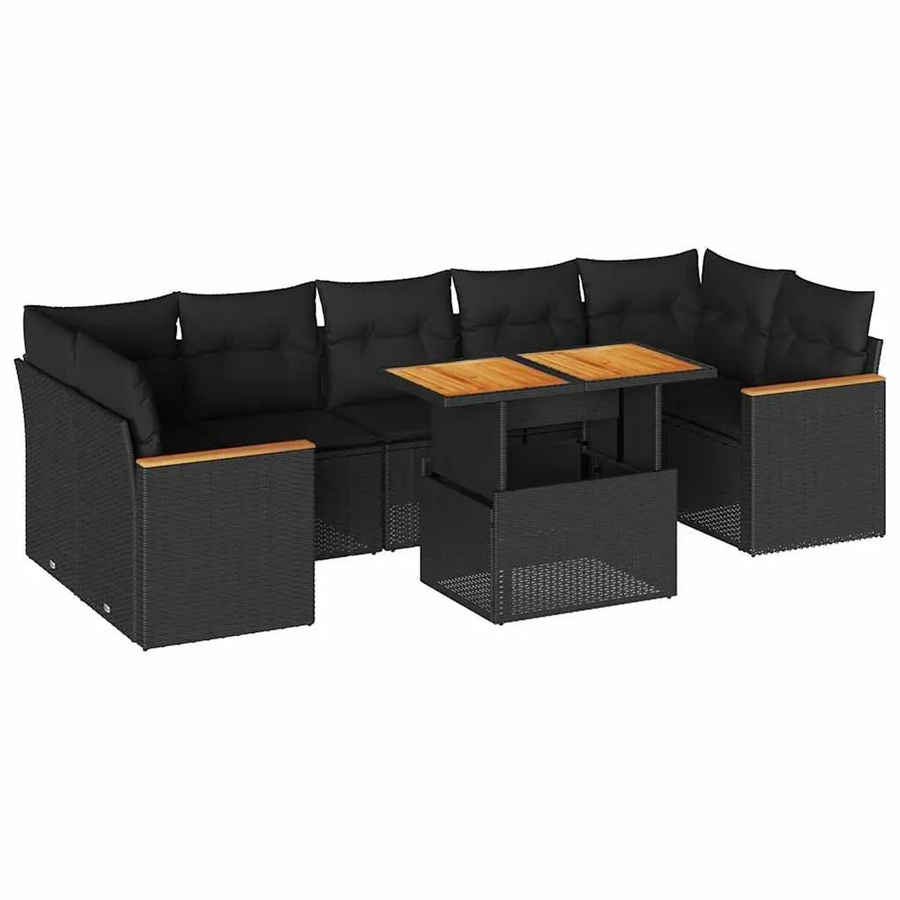 vidaXL 8-teilige Garten-Sofagarnitur aus Polyrattan und Akazienholz in Schwarz mit Kissen - Bild 2