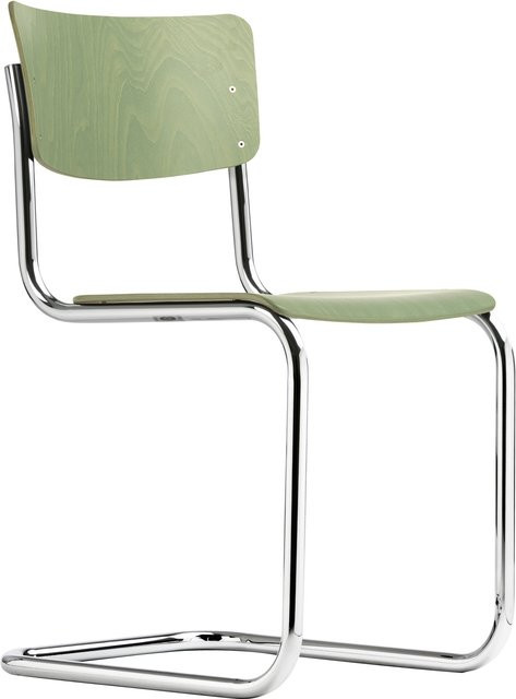 Thonet S 43 Freischwinger mit Metallgestell und Holzdetails in Silber und Grün - Bild 1