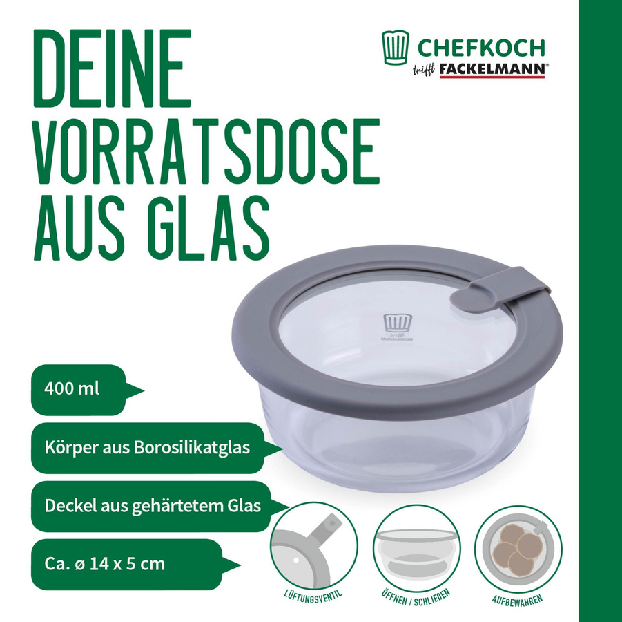 Fackelmann Chefkoch Vorratsdose aus Glas, rund, transparent/grau, 400 ml - Bild 2