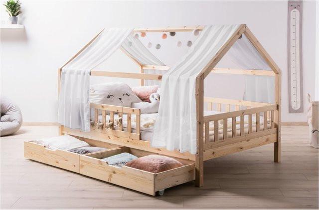 TiCAA Kinderbett Hausbett Kim aus Kiefer Massivholz mit Tüll, Schubkasten und Rausfallschutz, Montessori Bett in Natur und Weiß - Bild 1