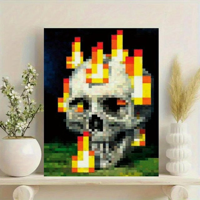 Potdemiel Leinwand-Poster Pixel-Totenkopf und Flammen ungerahmter Kunstdruck in Mehrfarbig für deine Wanddekoration - Bild 1