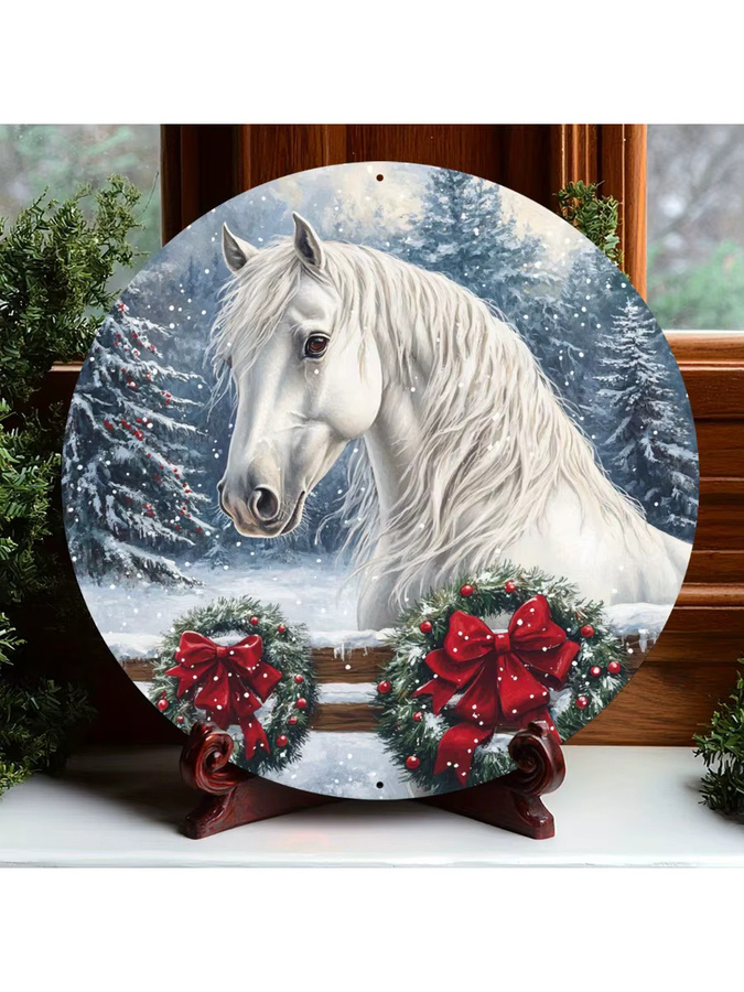 Potdemiel Rundes Aluminium-Wandkunstschild Vintage Weißes Pferd im Schnee mit Weihnachtskranz, Durchmesser: 20,3 cm - Bild 6