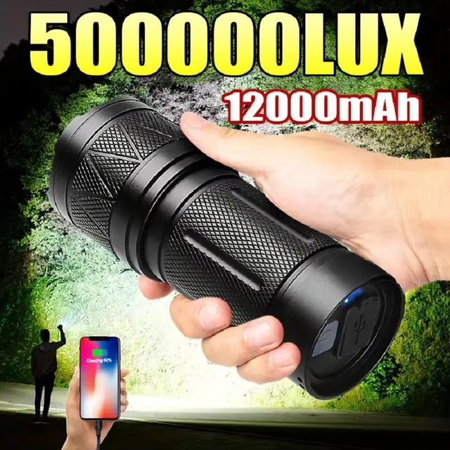 JIASHUAIXIN Taktische LED-Taschenlampe in Schwarz, wiederaufladbar mit 12000 mAh und 3 x 18650-Akkus, wasserdichte Zoom-Taschenlampe aus Metall für Camping und Garten - Bild 1
