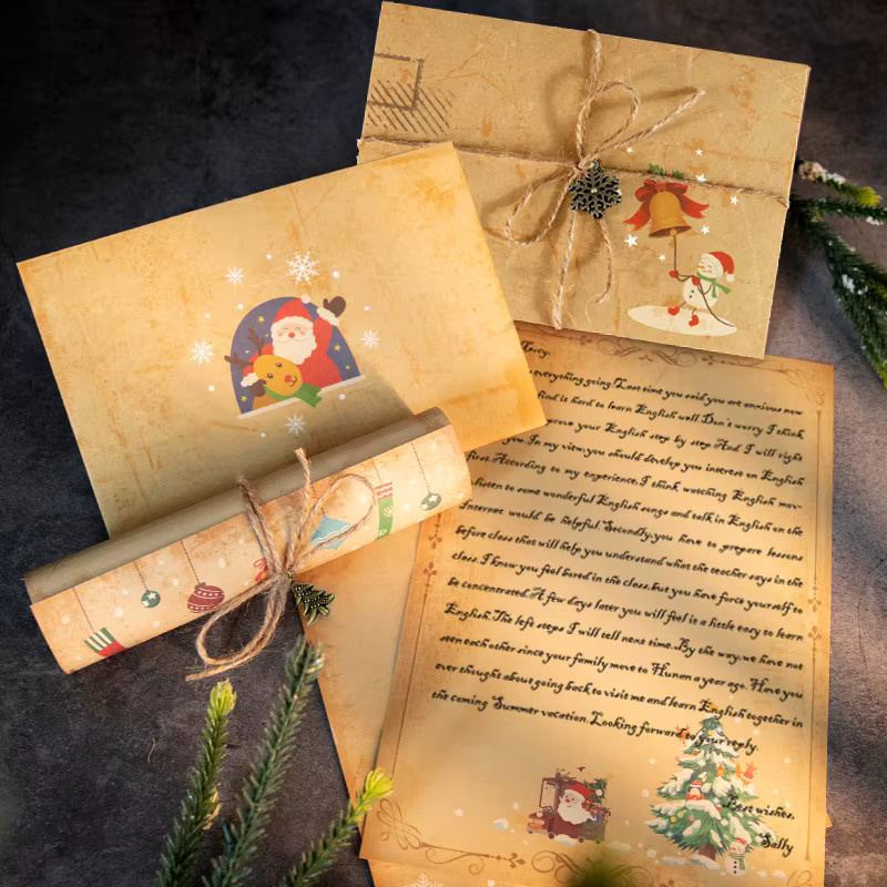 WEIGAO Vintage Weihnachten Kraftpapier Briefpapier Set mit Umschlägen in Braun, 6 Stück für DIY Einladungen und Grußkarten mit Santa Claus und Schneemann Motiven - Bild 2