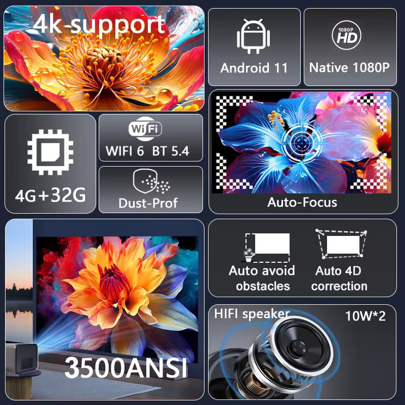 DITONG J10 Smart Projektor in Grau mit Native 1080P, 4K-Unterstützung, Autofokus, 3500 ANSI, WiFi 6 und Bluetooth 5.4 für Home Theater und Outdoor-Kino - Bild 2