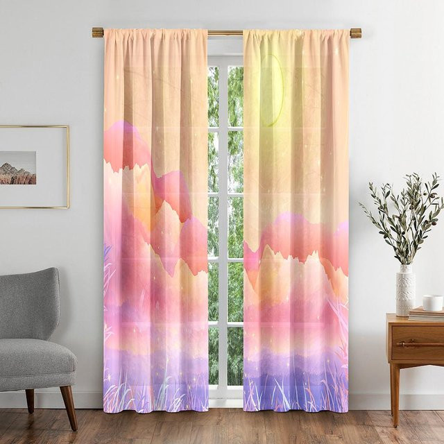Yiran Furniture Vorhänge mit Mond und Wolken Design, bunt, halbtransparent, B: 50 cm, H: 130 cm, 2er-Set inklusive Haken - Bild 1