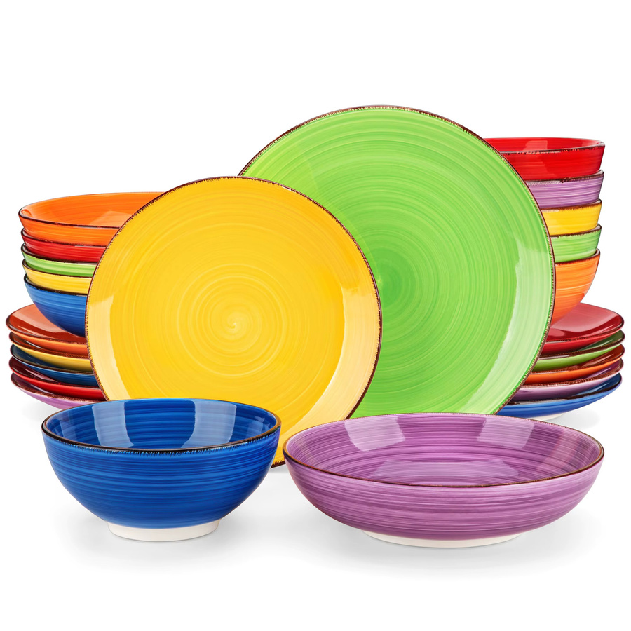 Vancasso Keramik-Geschirrset mit handbemaltem Spiralmuster in Multicolour, 24-teiliges Dinner-Service Set aus Speisetellern, Desserttellern, Schüsseln und Suppentellern - Bild 1