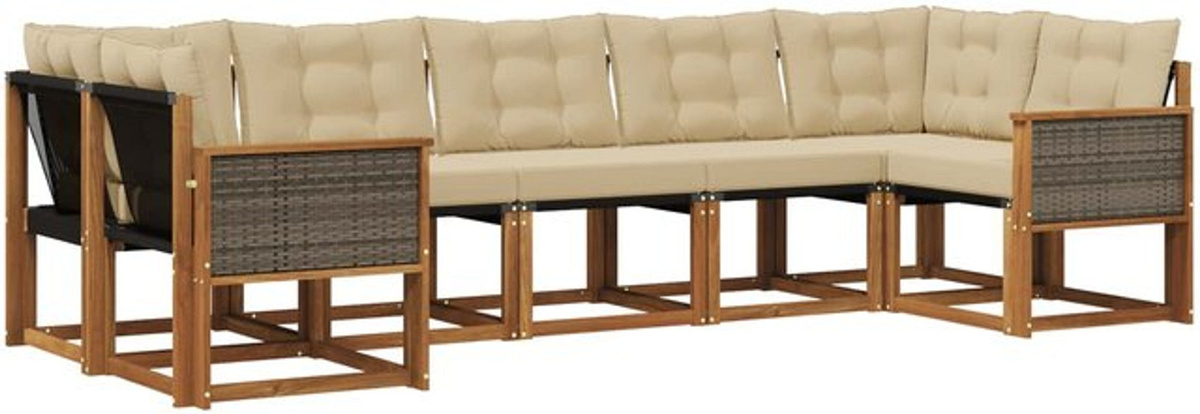 vidaXL Outdoor-Sofagarnitur aus Polyrattan und Akazie mit Kissen, 7-teiliges Loungemöbel-Set in Natur und Beige - Bild 1