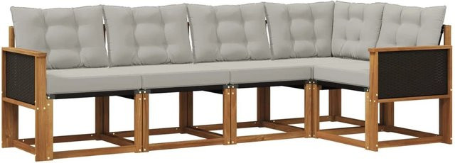 vidaXL Outdoor-Sofagarnitur in L-Form aus massivem Akazienholz mit Textilene und 5 Kissen in Braun und Grau - Bild 1