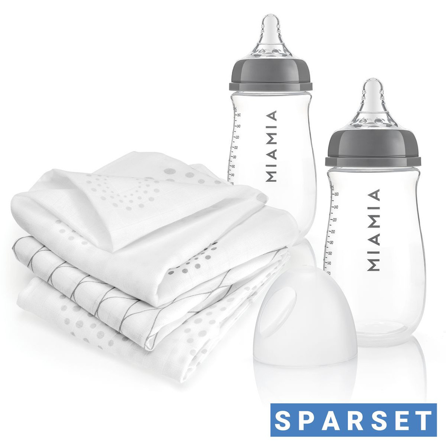 MiaMia 5-tlg. Babyflaschen-Set aus Polypropylen in Grau mit Silikon-Trinksauger und 3 Spucktüchern, 260 ml, BPA-frei - Bild 1
