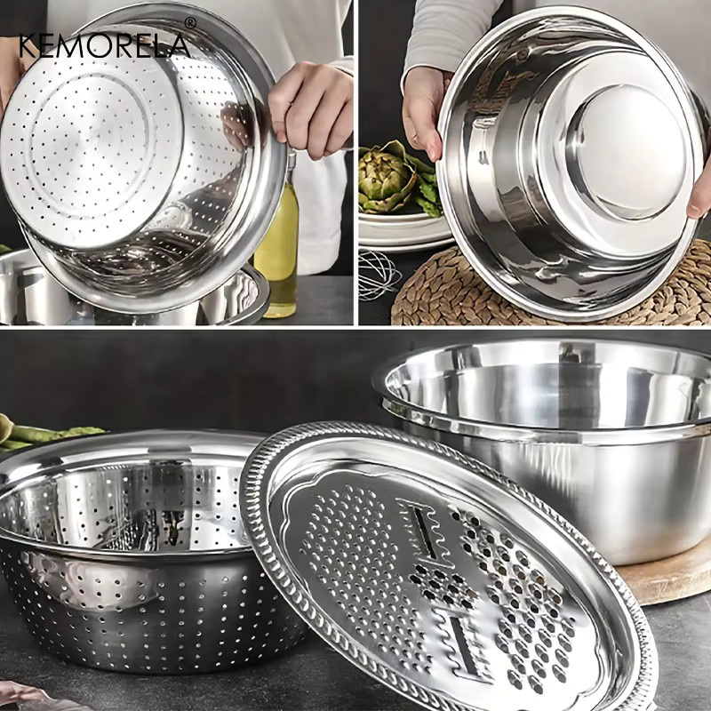 KEMORELA 4-in-1 Edelstahl Küchen-Multifunktionsbehälter mit Deckel, luftdichter Reiswascher, Abtropfsieb und Reibe, Silber, rund - Bild 5