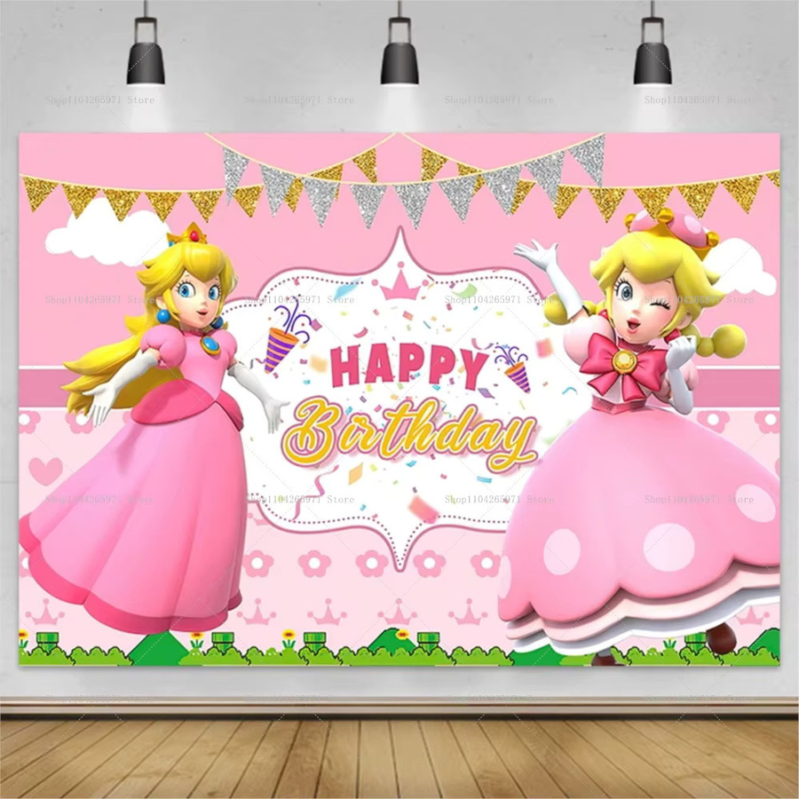 Bandai Prinzessin Peach Glitzer-Hintergrund Fotokulisse für Mädchen-Geburtstagspartys, Farbe: Pink, B x H: 150 x 150 cm - Bild 1