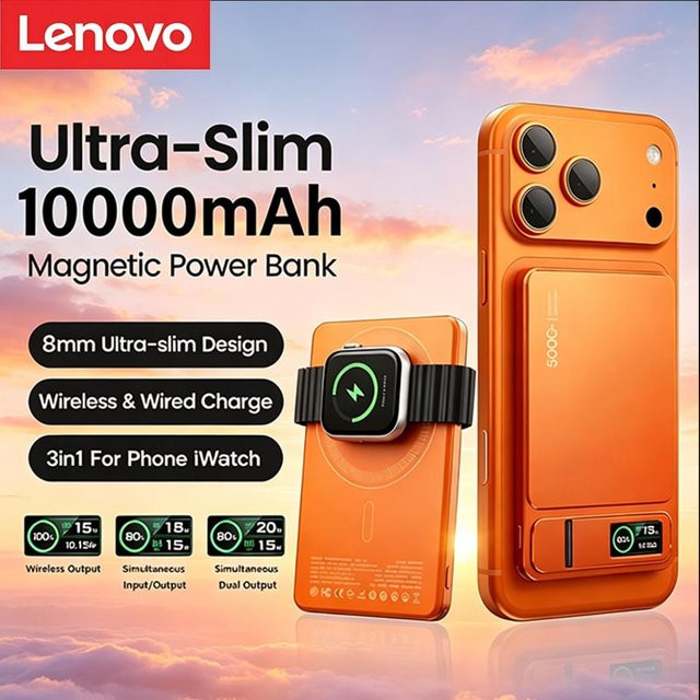 Lenovo 3-in-1 Slim Powerbank 10000mAh in Grau mit 20W Schnellladen und magnetischem kabellosem Laden für iPhone und iWatch - Bild 1