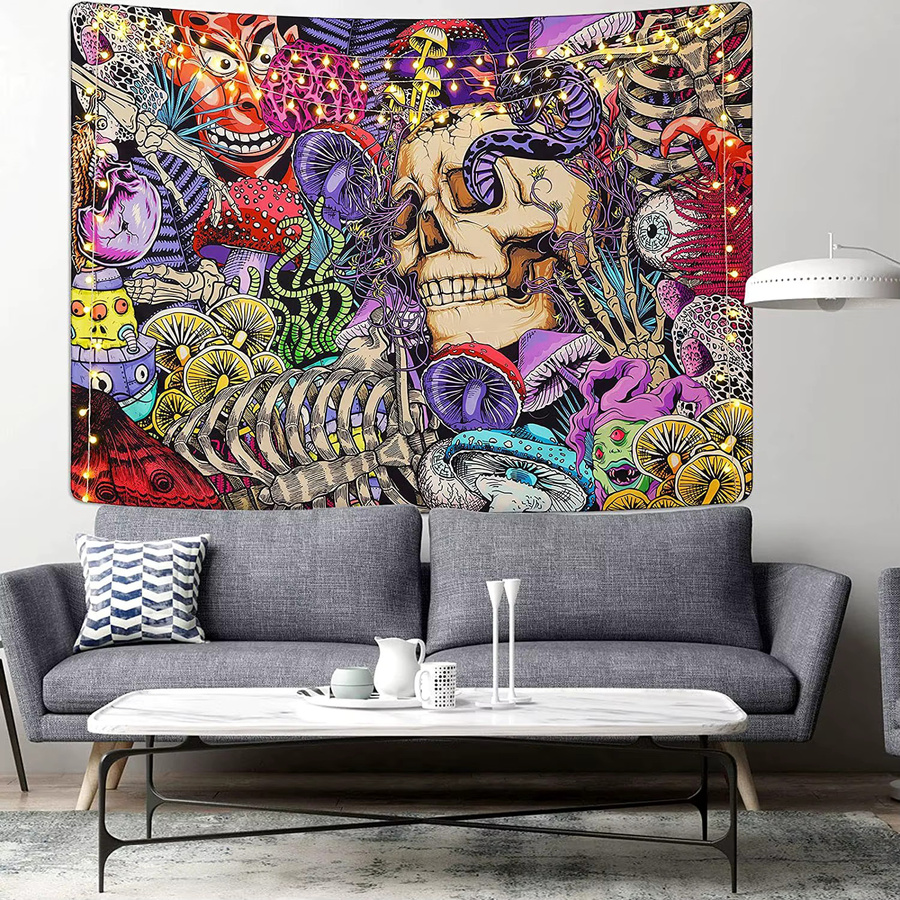 VIKAMA Wandteppich mit Totenkopf und Pilz-Motiv in Multicolour, rechteckige Textil-Wanddekoration mit abstraktem Design, Breite: 60 cm, Höhe: 40 cm - Bild 4