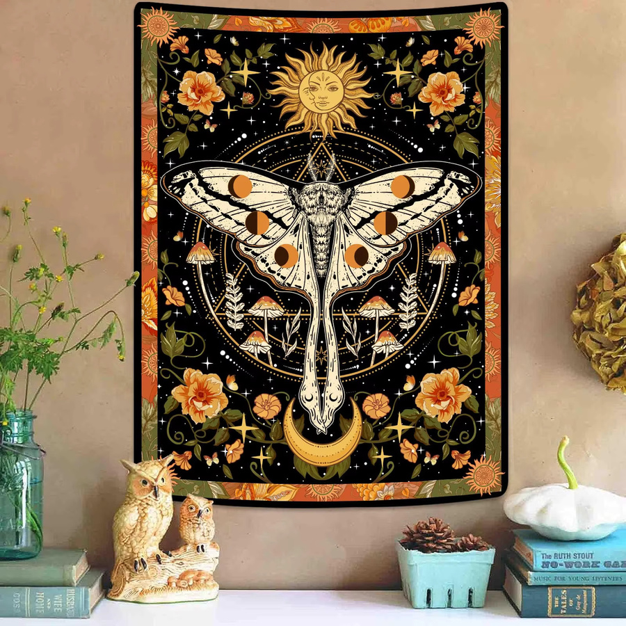 VIKAMA Retro-Wandteppich mit Motten- und Mandala-Motiv in Multicolour, ästhetische Wanddekoration mit geometrischem und abstraktem Design, B: 60 cm, H: 40 cm - Bild 4