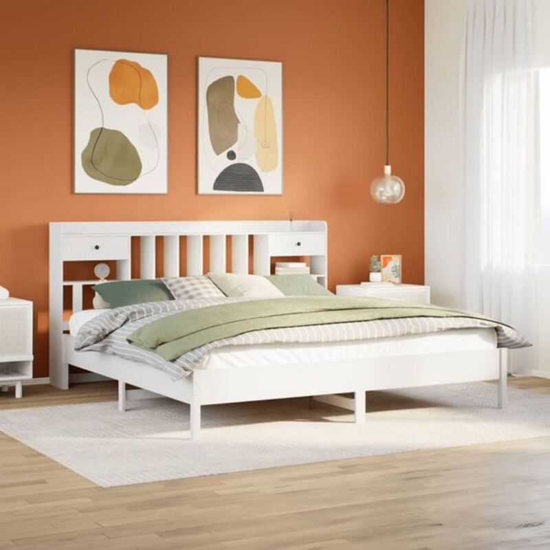 Massivholzbett Vidaxl aus Kiefer mit Regal in Weiß, Landhaus und Skandinavisch Stil, B/T/H: 180 x 200 x 110 cm - Bild 1