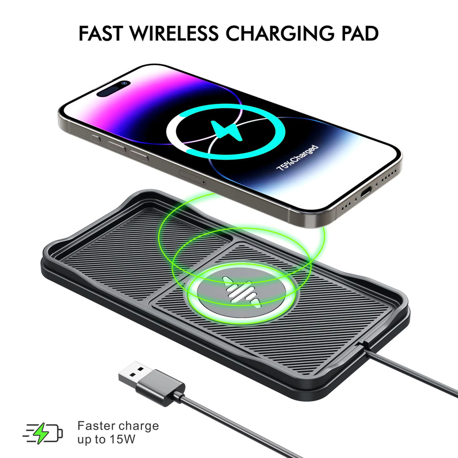 TIMESS Silikon Auto Wireless Ladegerät Schwarz – Rutschfeste Induktions-Schnellladeunterlage für iPhone 16/15/14/13/12 Serie und Samsung - Bild 2