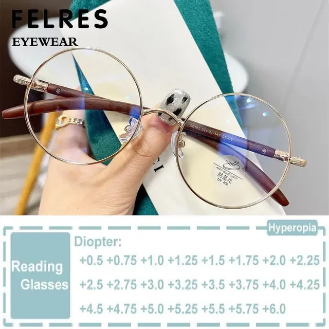 FELRES Lesebrille, Rund, Vollrand, Holzmaserung, Braun, Unisex, Blaulichtfilter - Bild 1