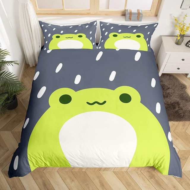 Bettwäsche Set Cartoon Frosch 3D Design in Grün und Grau mit Bettbezug und Kissenbezügen aus Mikrofaser, Bettbezug B: 240 cm, H: 260 cm und Kissenbezug B: 50 cm, H: 70 cm - Bild 1