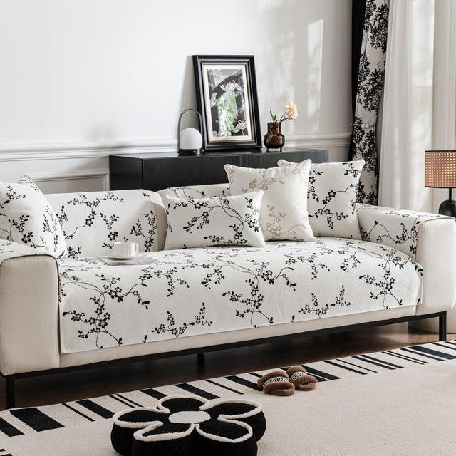 Super Six Chenille Sofakissen mit Blumenmuster, quadratisch, Schwarz-Weiß, B/T/H: 70 x 70 x 70 cm - Bild 1