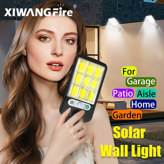 XIWANGFIRE Solar-LED-Wandstraßenlampe mit 108 LEDs und Bewegungssensor, Wasserdichte Sicherheitsbeleuchtung in Schwarz für Garten, Terrasse und Wege - Bild 1