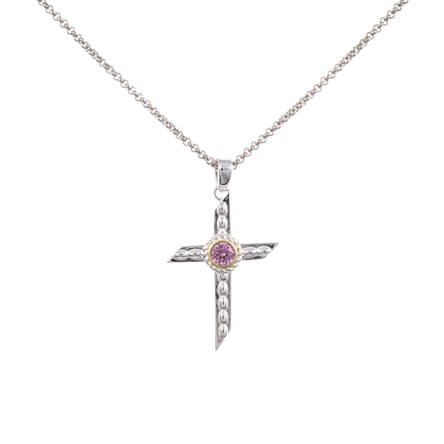 Anhänger Kreuz mit Kette, 925 Silber, teilvergoldet, Zirkonia, rosa - Bild 1