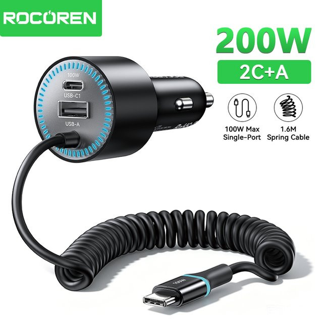 Rocoren 200W Autoladegerät mit PD100W USB Typ C und Federladekabel in Schwarz - Bild 1