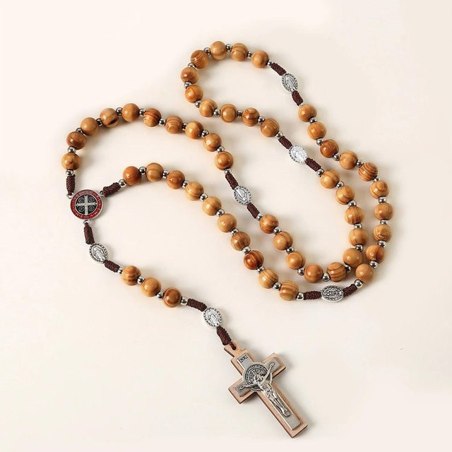 YIRAN Rosenkranz Halskette, Holz, Kreuz Anhänger, beige, Unisex - Bild 1