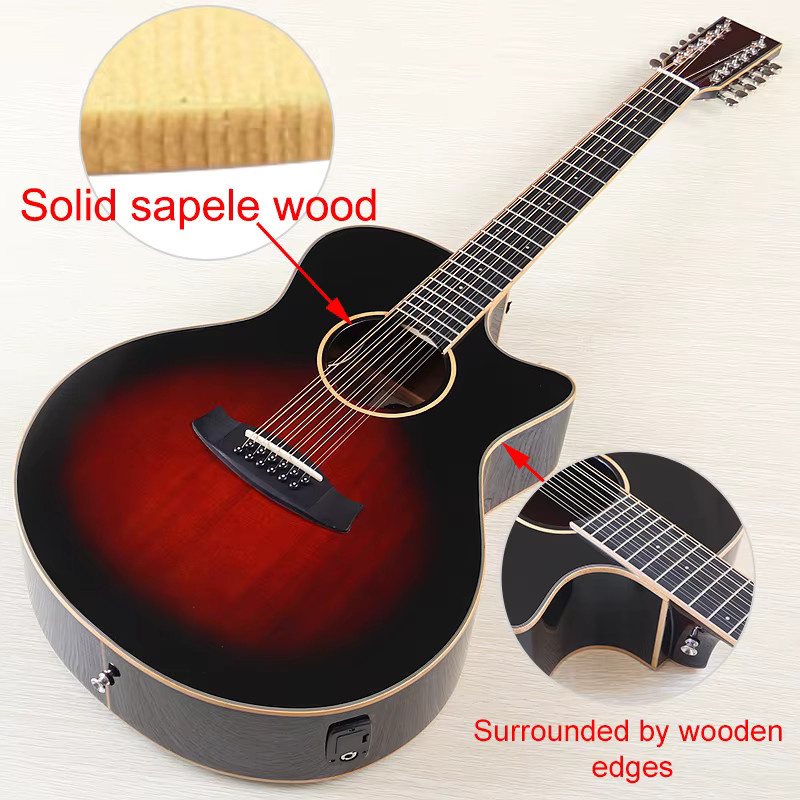 V-glorify 12-saitige elektrische Akustikgitarre mit massiver Sapeloberfläche und Tonabnehmer, 40 Zoll - Bild 2