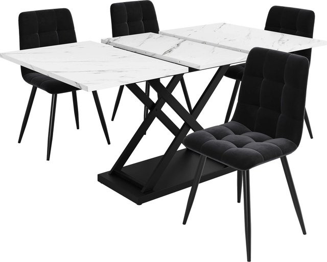 Merax Essgruppe 5-teilig in Weiß Marmor und Schwarz mit Samtstühlen, B/T/H: 160 x 80 x 75 cm - Bild 1