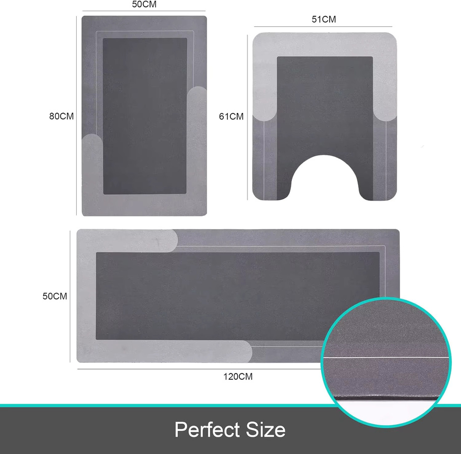 VIKAMA 3-teiliges Bodenmatten-Set für das Badezimmer in Grau mit U-Form für die Toilette und saugfähigen Trockenfußmatten im minimalistischen Stil - Bild 5