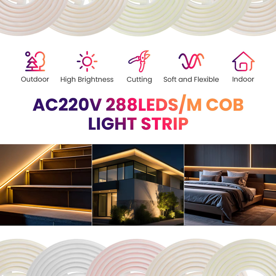 KISUFU COB Neon LED Streifen RGB Mehrfarbig, dimmbar und wasserdicht, 288 LEDs/m, Länge: 1 m - Bild 2