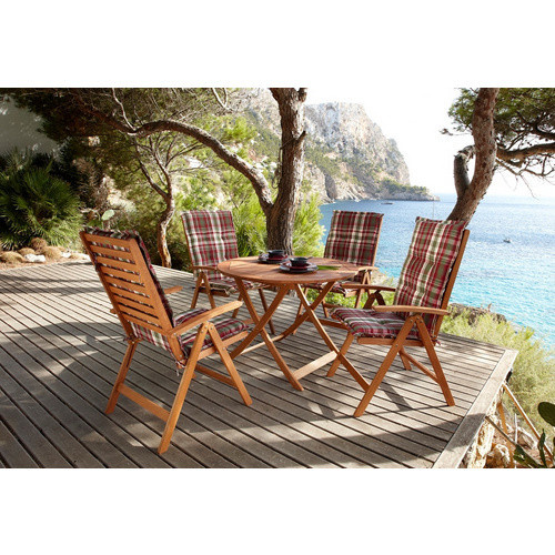 Merxx Gartenmöbel Set Borkum aus Eukalyptusholz mit 4 Klappsesseln und Klapptisch inkl. beige karierten Auflagen - Bild 3