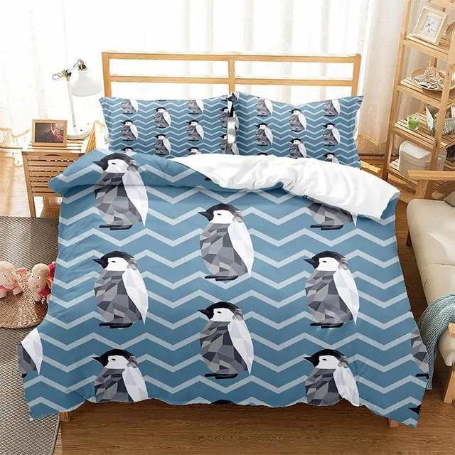 Bettbezug-Set mit Pinguinfamilien-Motiv in Blau, bestehend aus Bettbezug und Kissenbezug, B/H: 140 x 200 cm - Bild 1
