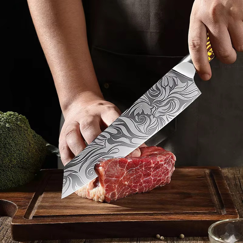 InLeung Laser Damaskus Küchenmesser in Silber mit Holzgriff für Fleisch, Fisch und Obst - Bild 3