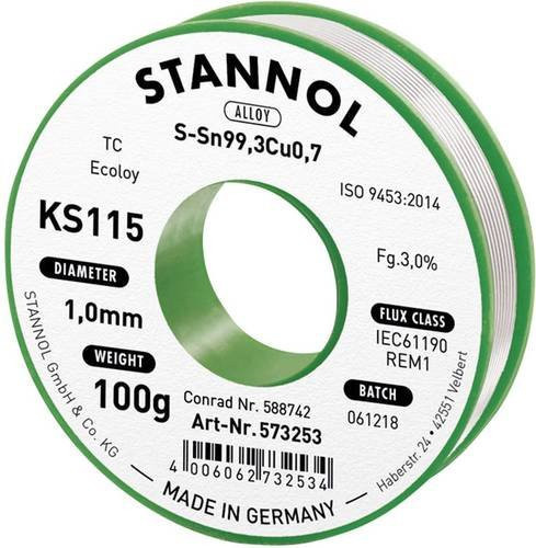 Stannol KS115 Bleifreies Lötzinn Sn99,3Cu0,7 ROM1 in Silber, 100g, 1mm - Bild 1