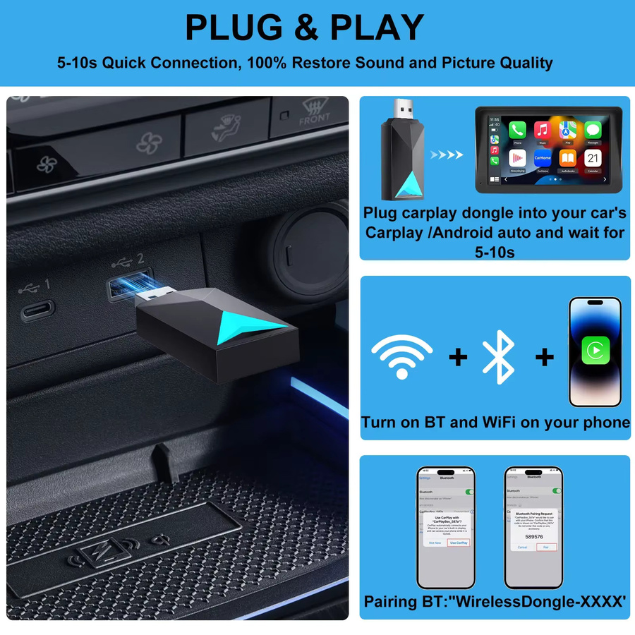 FLIXIVI 2-in-1 USB-Dongle Smart Mini AI Box für kabelloses CarPlay und Android Auto in Schwarz - Bild 6