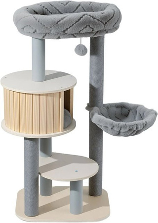 Wiltec Fudajo Urban Studio Kratzbaum für Katzen in Grau und Braun mit Höhle, Hängematte und integriertem Spielzeug, Höhe: 122 cm