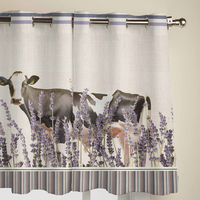 Binchi Vorhang mit Bauernhof-Kühe und Lavendel-Motiv in Weiß, halbtransparent, Breite: 135 cm, Höhe: 60 cm - Bild 3