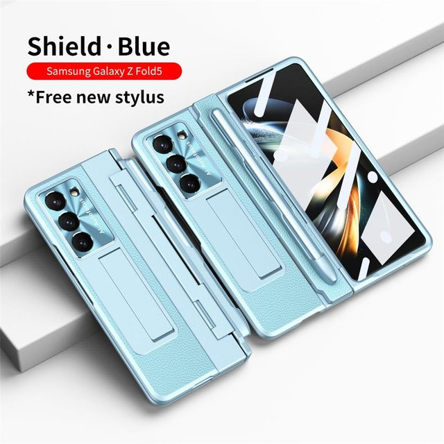 Luxuriöse Leder-Telefonhülle mit Scharnier und S-Pen für Samsung Galaxy Z Fold 5 5G in Blau - Bild 1