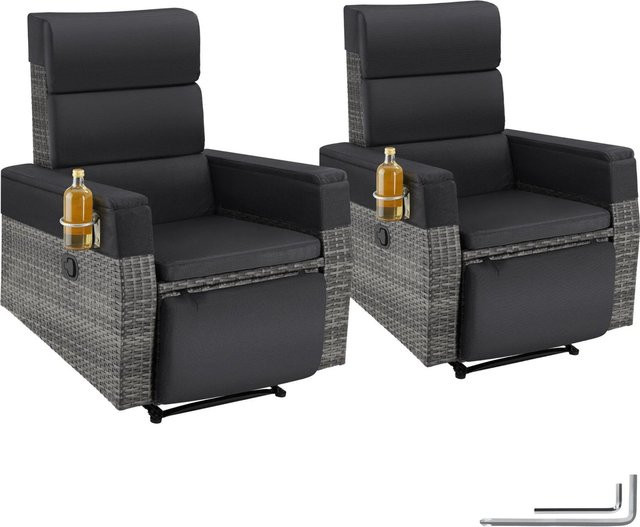 Tectake Pacentro Aluminium Rattansessel 2er Set in Grau mit verstellbarer Rückenlehne, Fußablage und Getränkehalter, B/T/H: 80 x 157 x 97 cm - Bild 1