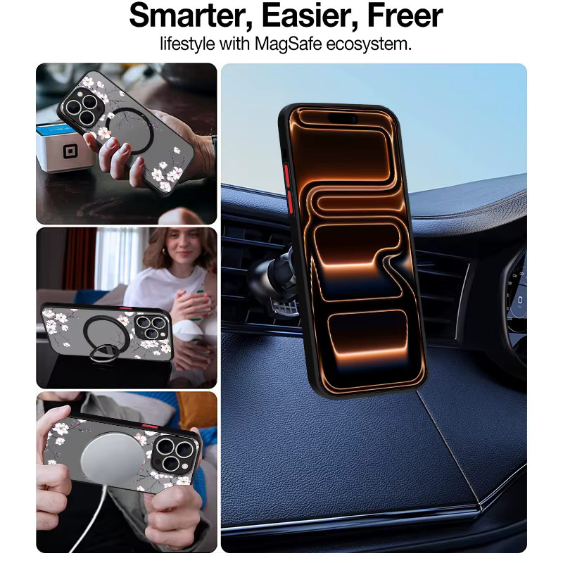 MOESOE Magnetische Handyhülle mit Lotusblumen-Design für iPhone 17 16 15 14 13 12 Pro Max Plus 11, Magsafe kompatibel, stoßfest, Schwarz - Bild 3