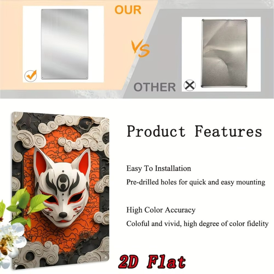 CIFBUY Metallwandkunst Kitsune-Maske Japanisches Design in Mehrfarbig als rechteckiges Aluminiumschild für deine Heimdekoration - Bild 3
