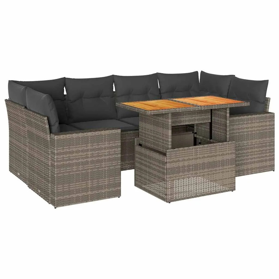 vidaXL 7-teilige Garten-Sofagarnitur aus Poly-Rattan und Akazienholz in Grau mit Kissen - Bild 2
