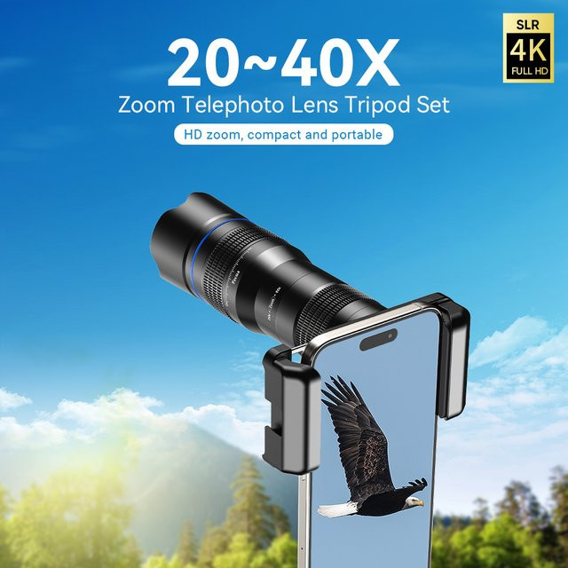 APEXEL HD Teleobjektiv mit 20x-40x Zoom für Smartphones, kompatibel mit Samsung, iPhone und Xiaomi, Schwarz - Bild 1