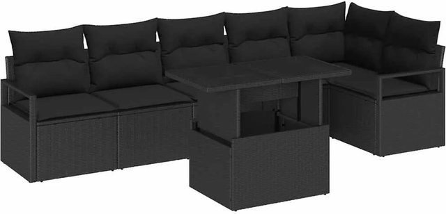 vidaXL Garten-Sofa-Set aus Poly Rattan in Schwarz mit Kissen, 7-teiliges L-Shape Lounge-Set mit Ecksofa, Mittelsofas, Armsesseln und Tisch - Bild 1