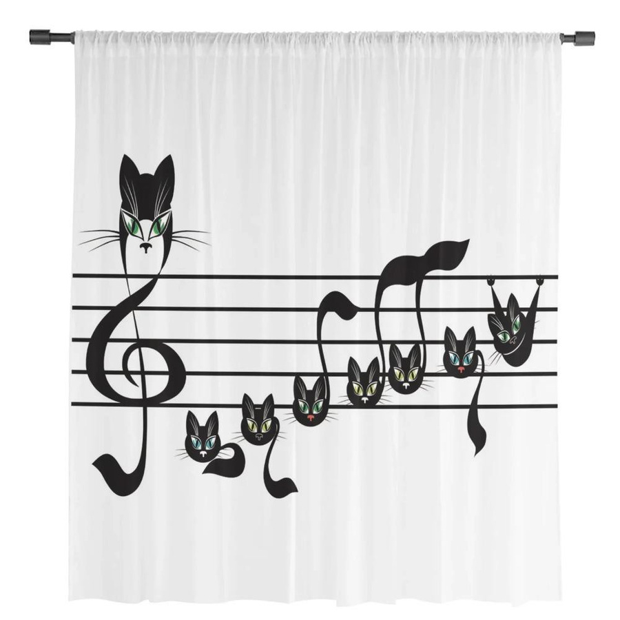 Yiran Furniture Transparenter Chiffon Vorhang mit Katze und Musiknoten in Schwarz und Weiß, Breite: 135 cm, Höhe: 115 cm - Bild 2