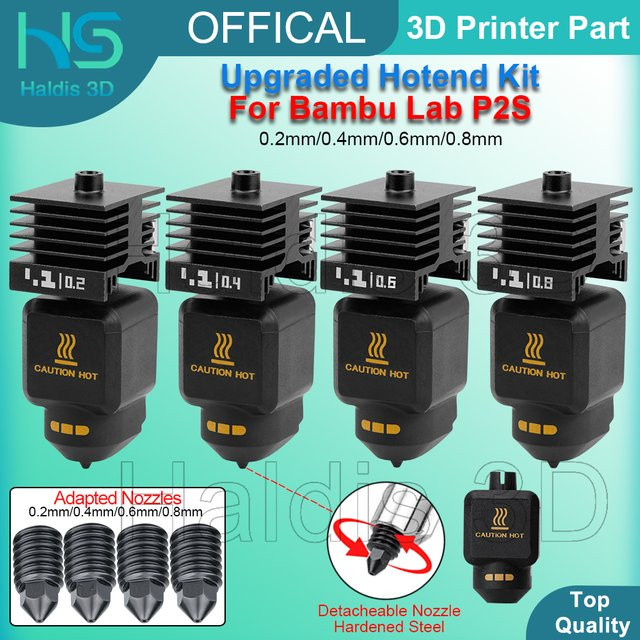 Bambu Lab P2S Verbessertes Hotend Kit mit abnehmbarer Düse für 3D-Drucker in den Größen 0,2mm, 0,4mm, 0,6mm und 0,8mm, Schwarz - Bild 1